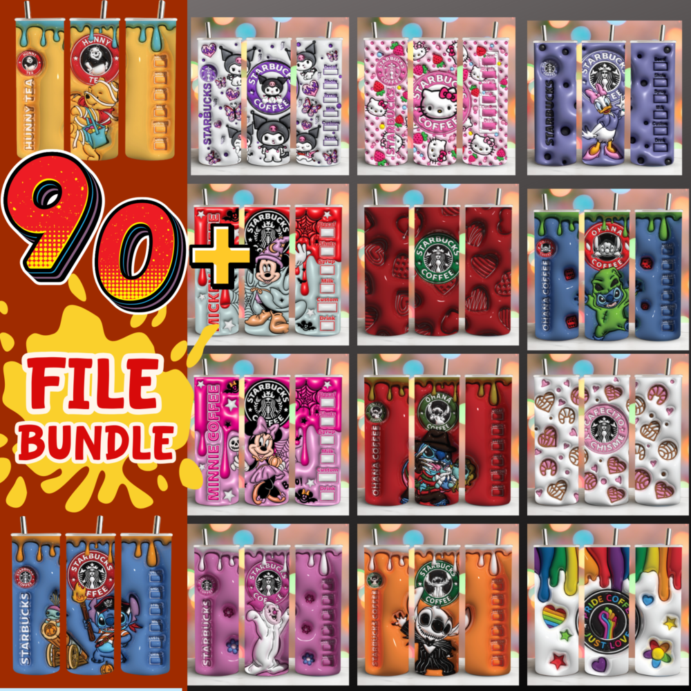 90 Cartoon ,3D Inflated 20ozTumbler Wrap PNG Bundle,Digital Download