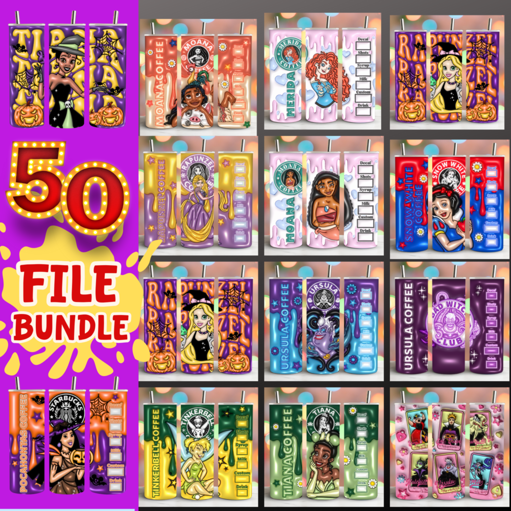 50 Fairy Tales Cartoon, 20oz Skinny Tumbler 3D Inflated Bundle Digital Download