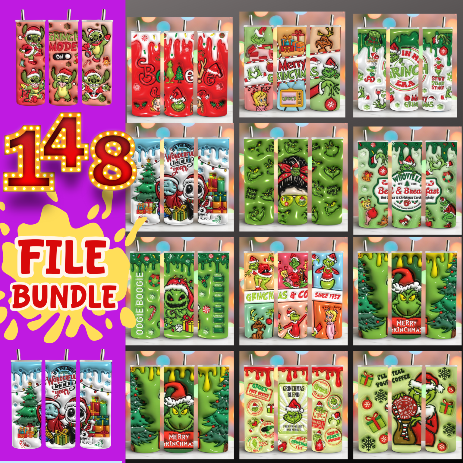 148 Grincmas Christmas cartoon, 3D Inflated Tumbler Wrap Png Bundle, 20oz Skinny Tumbler Sublimation Bundle