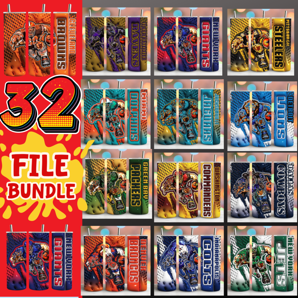 32 American Football teams, 3D Inflated Tumbler, 20oz Tumbler Wrap Bundle, Digital Download