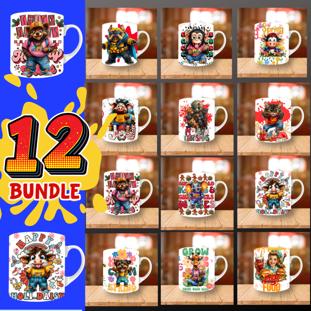 12 Animal Christmas Cartoon Bundle, 11oz And 15oz Mug Sublimation Design,Digital Download