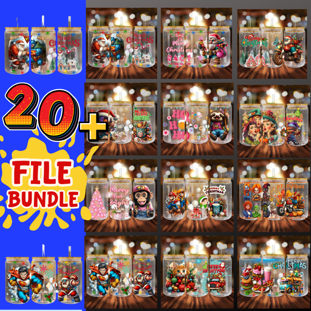 20 Christmas Bundle ,16oz Glass Can Sublimation Designs Bundle Digital Download