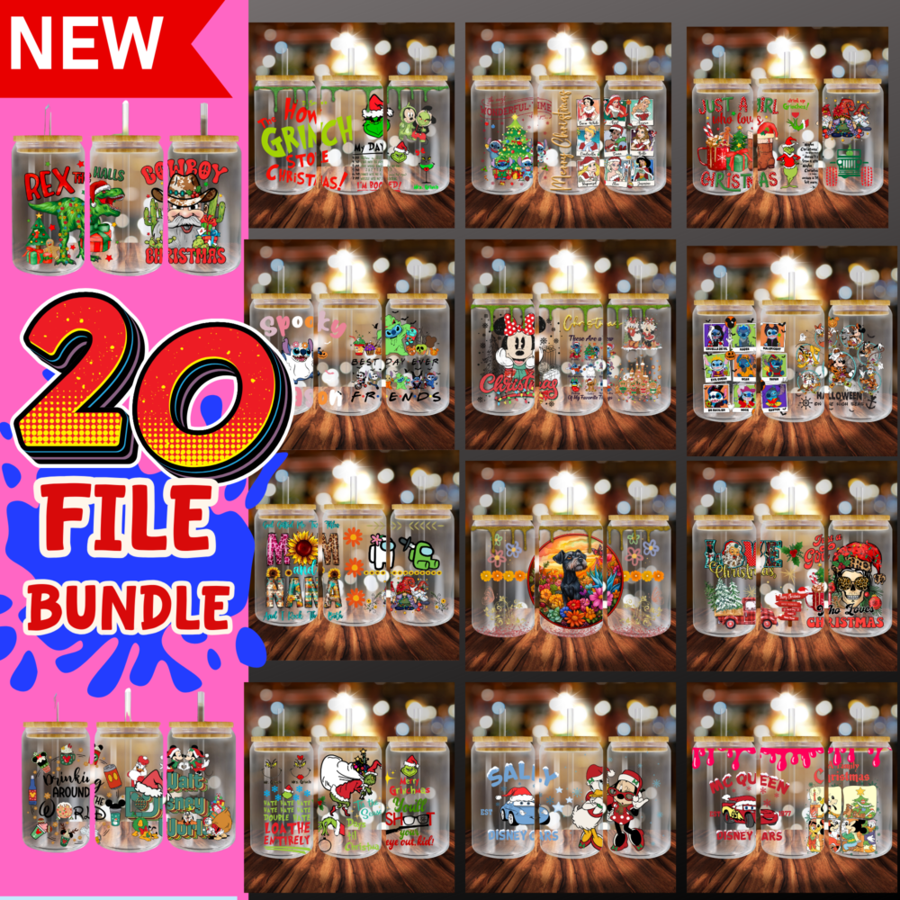 20 Christmas Bundle ,16oz Glass Can Sublimation Designs Bundle Digital Download