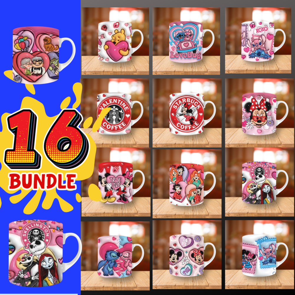 16 Valentine Cartoon Mug Design,11 Oz Mug 3D Inflated png Bundle,Digital Download