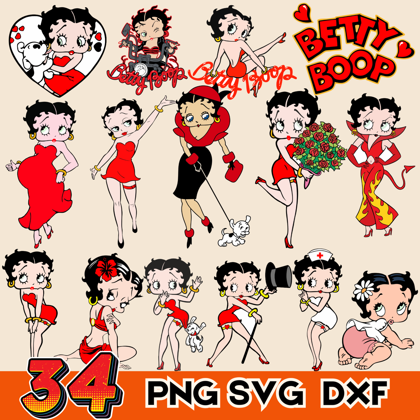 34 Betty Boop Clipart PNG,SVG, Betty Boop Bundle, Movies Disney Clipart, Character cartoon Clipart