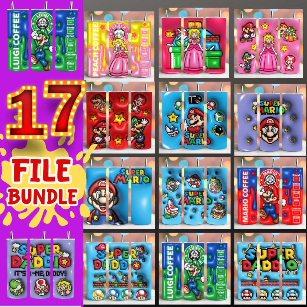 17 Super Mario Cartoon, 3D Inflated  20oz Skinny Tumbler Sublimation, Digital Download