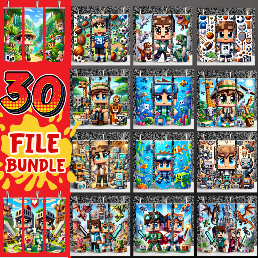 30 Minecraft Cartoon Bundle, 20oz Tumbler Wrap Design Digital Download