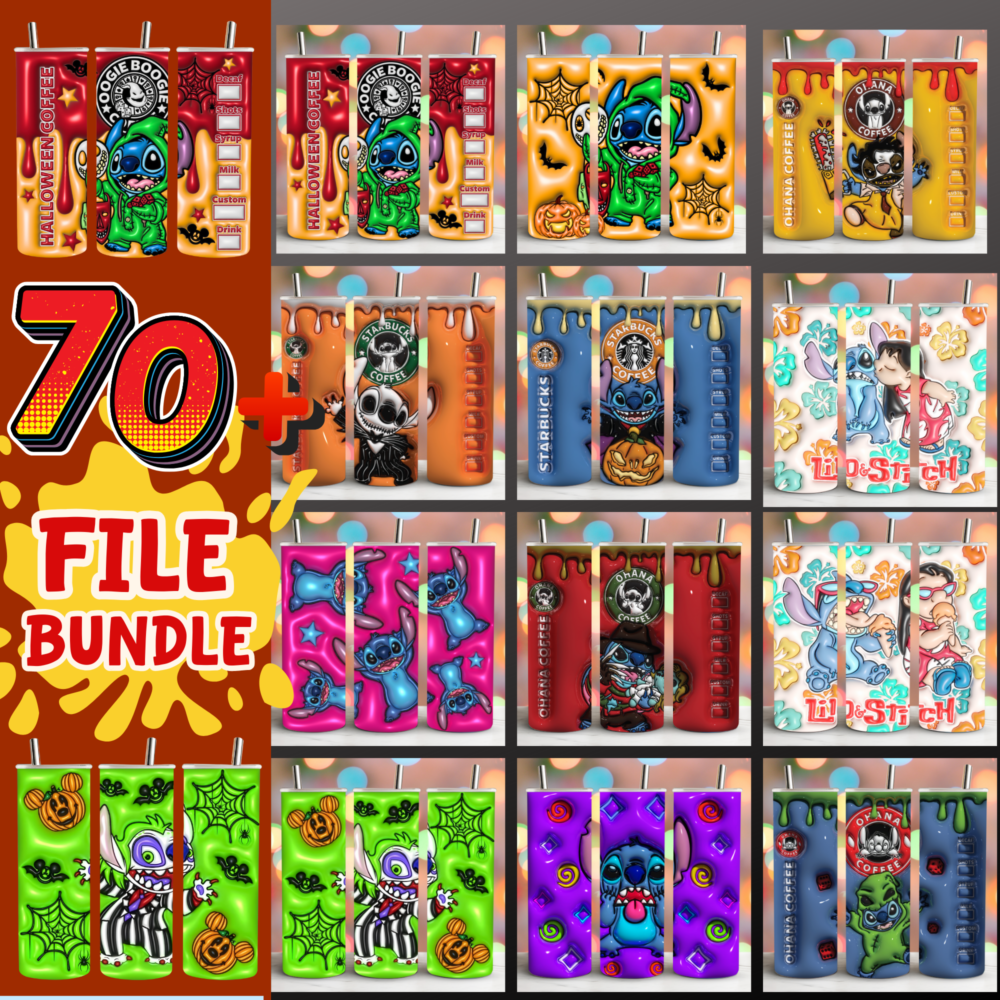 70 Stitch Cartoon,3D Inflated 20oz Skinny Tumbler Sublimation Bundle, Digital Download