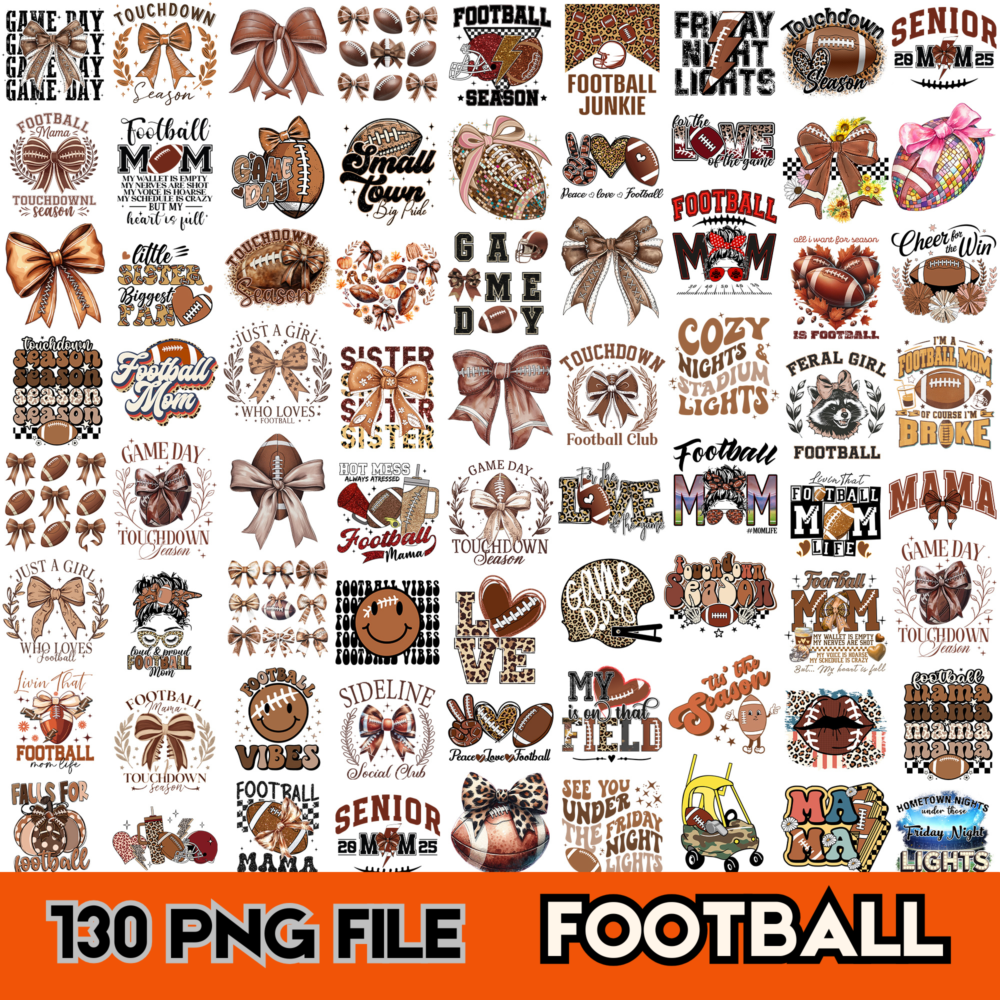 130 Retro Football PNG Bundle Coquette Bow Boho Game Day Touchdown Season Girly Football