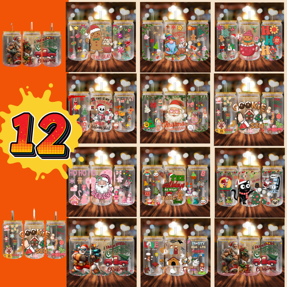 12 Bundle Christmas,16oz Glass Can Sublimation Designs Bundle Digital Download