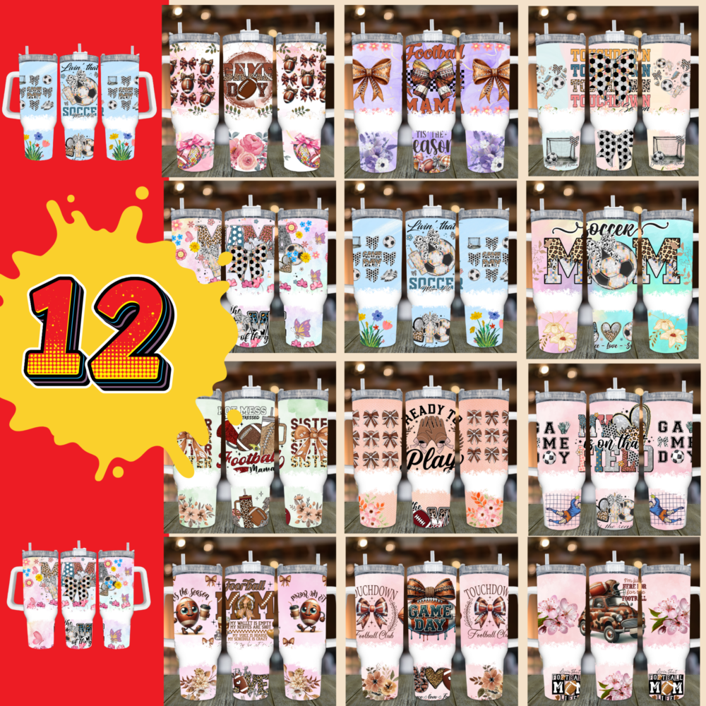 12 Retro Football Bundle,40 oz Quencher tumbler sublimation design, Digital Download