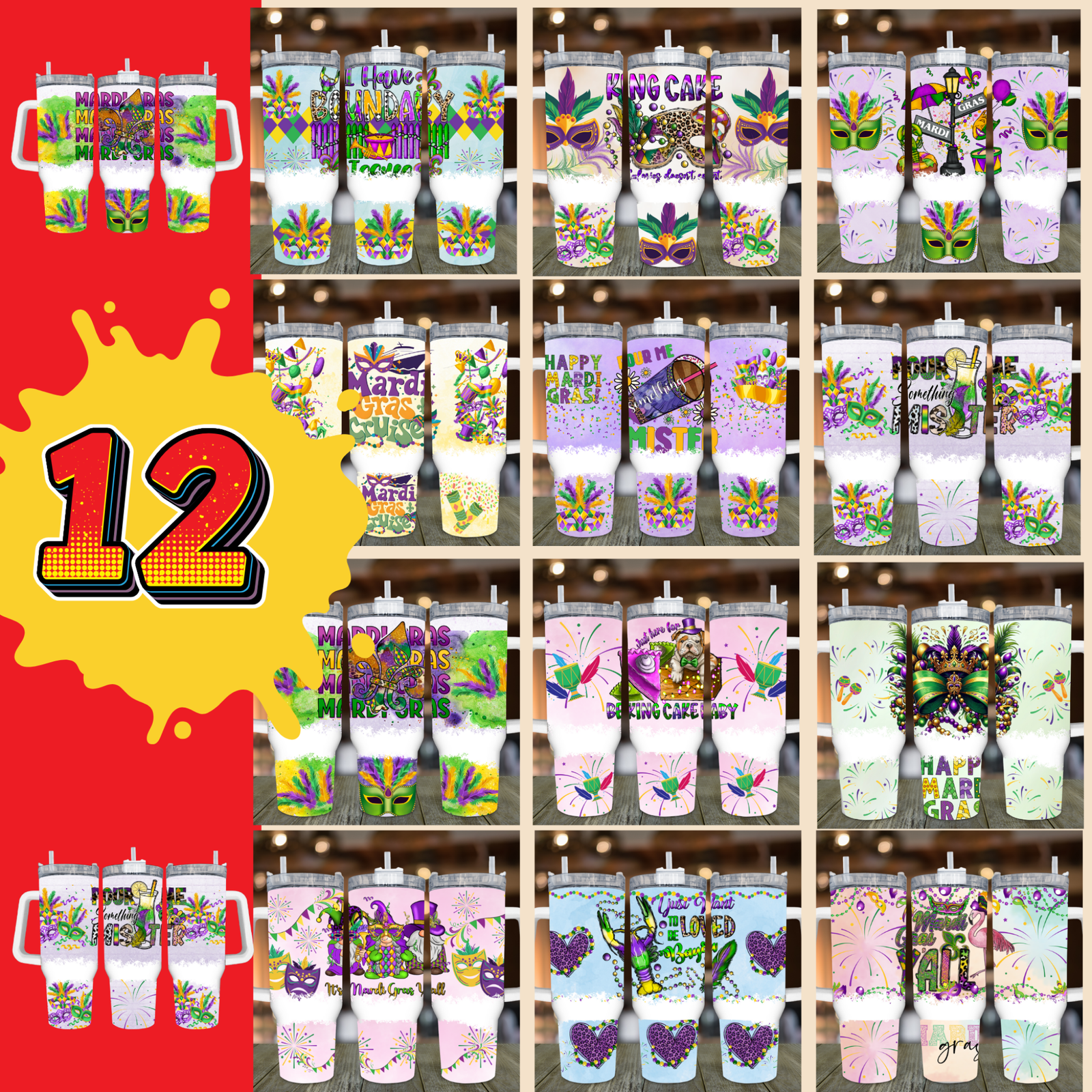 12 MardiGras Bundle,40 oz Quencher tumbler sublimation design,40 oz tumbler wrap