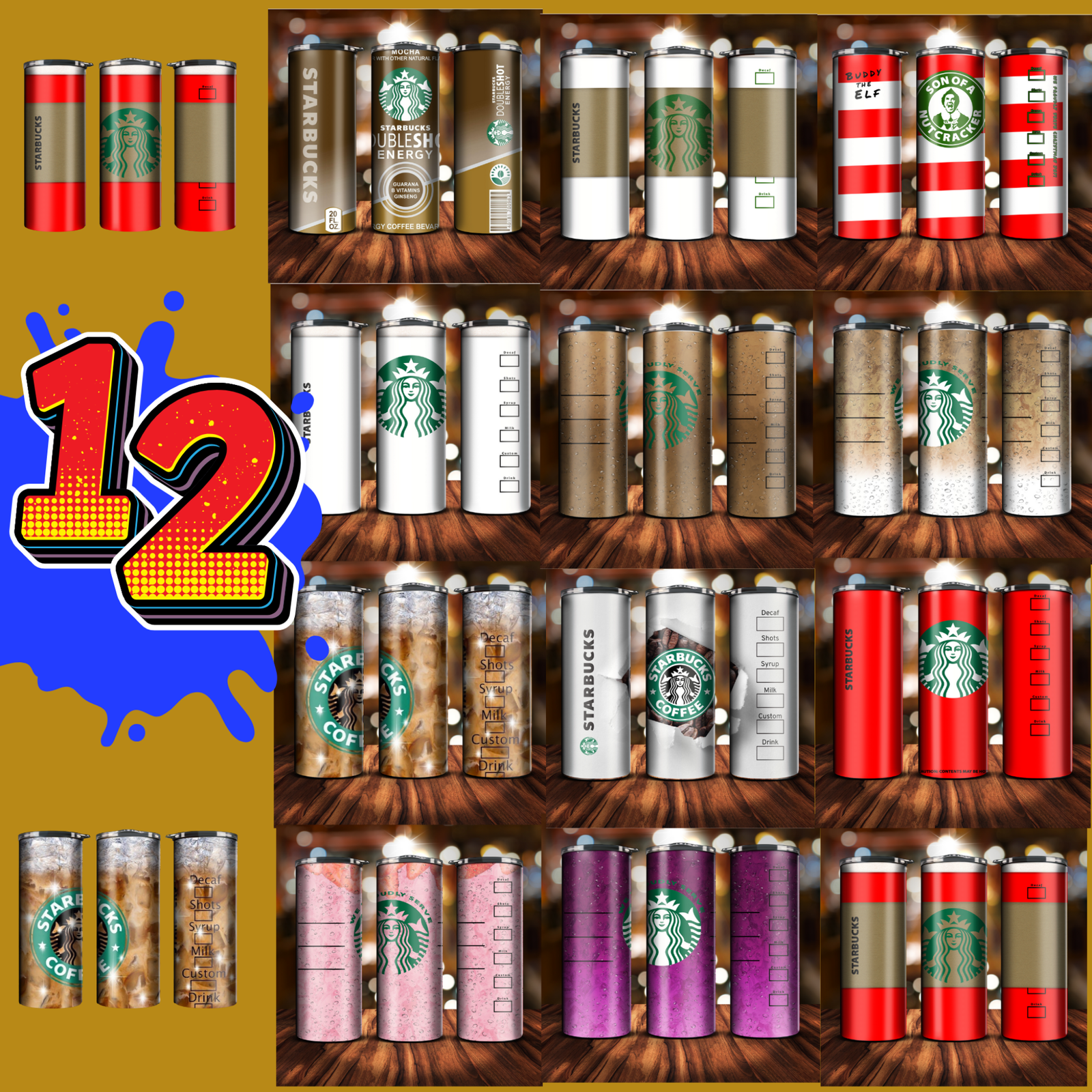 12 Starbucks Full Labels Designs, 20 oz Skinny Tumbler Wrap, Instant Download