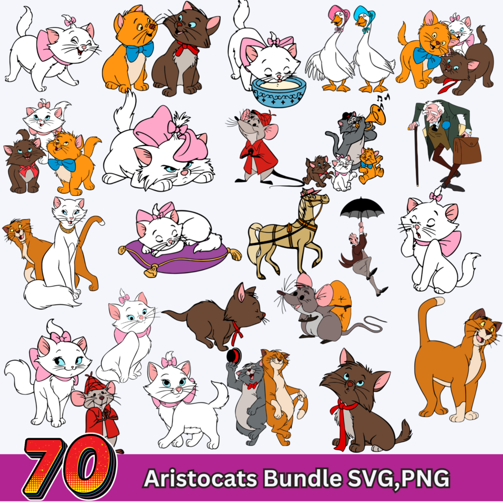 70 Aristocats Disney Movie Bundle, Cute Cartoon PNG Files, Digital Download