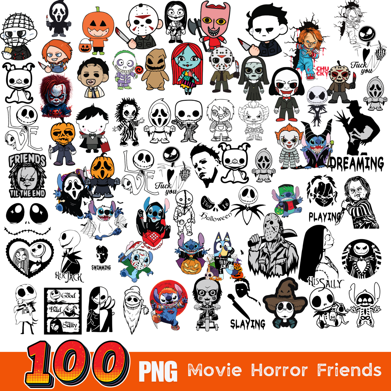 100 Horror Characters PNG, Clipart Bundle, Horror PNG, Scary Cute Horror Characters, Horror Movie