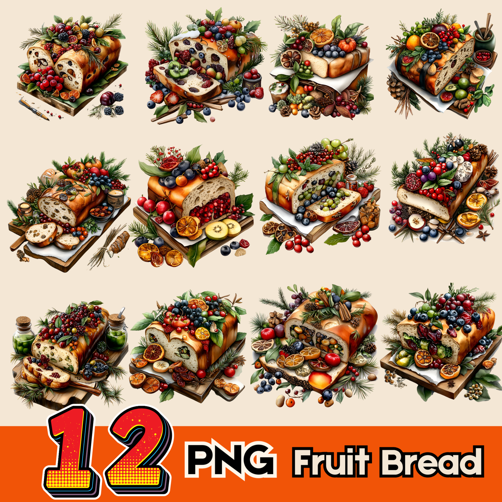 12 Fruit Bread, 12 PNG Food Clipart, Watercolor food  Clipart,Watercolor Clipart Collection, Commercial Use