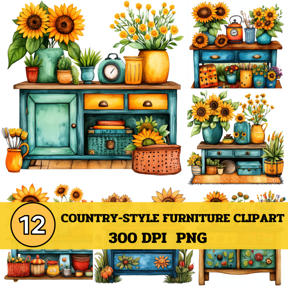 12 PNG  cute farmhouse TV stand with sunflower Clipart ,Watercolor Clipart,Clipart Collection
