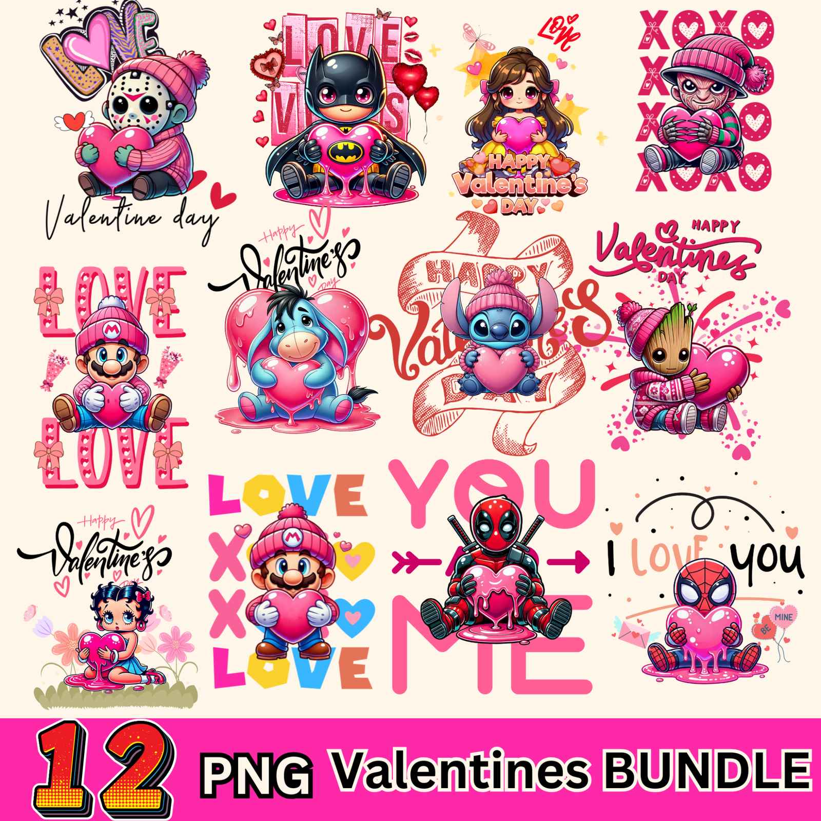 12 Valentine Cartoon Tshirt design kid, PNG Digital Download