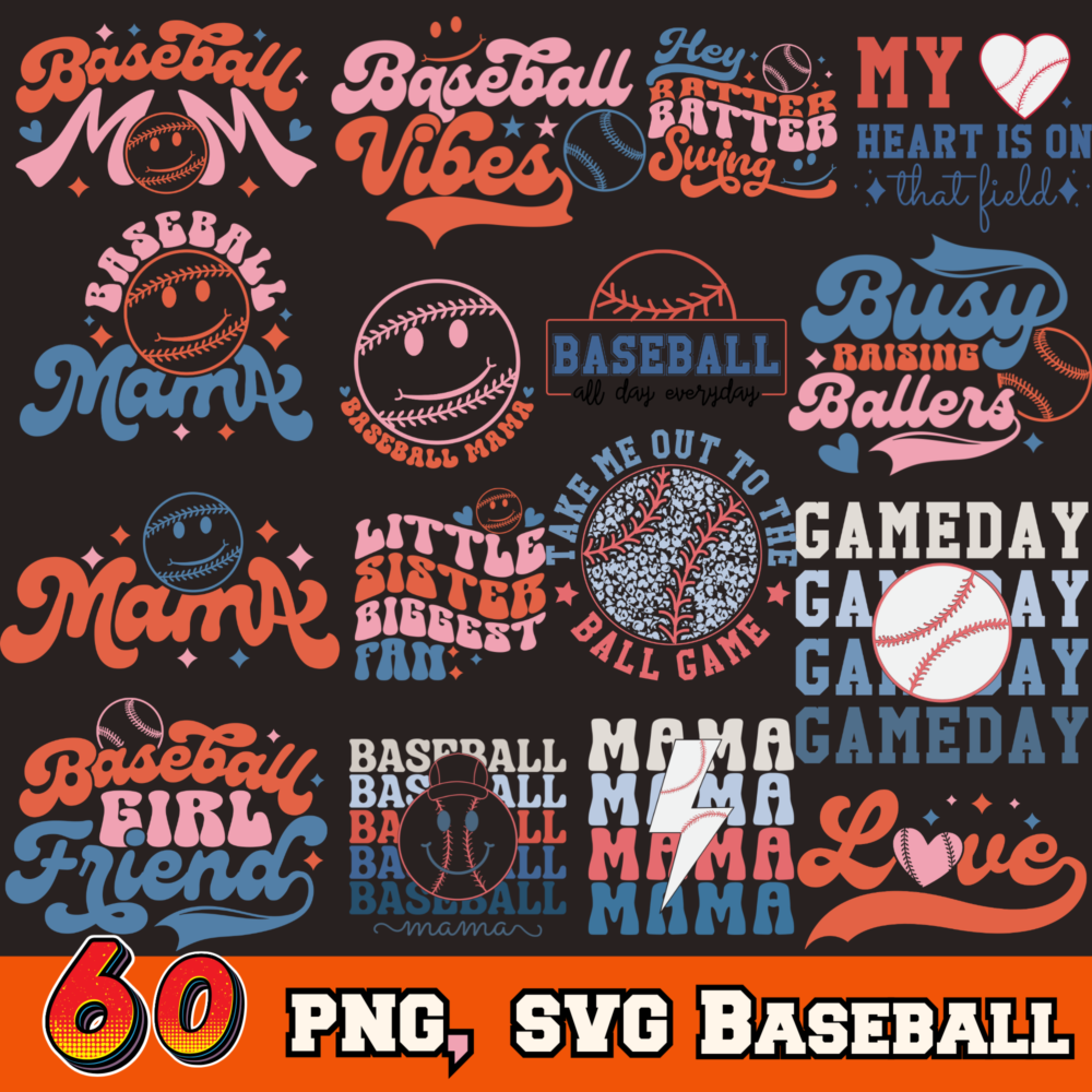 60 Retro Baseball SVG Bundle, Baseball  SVG,PNG Designs, Digital Download