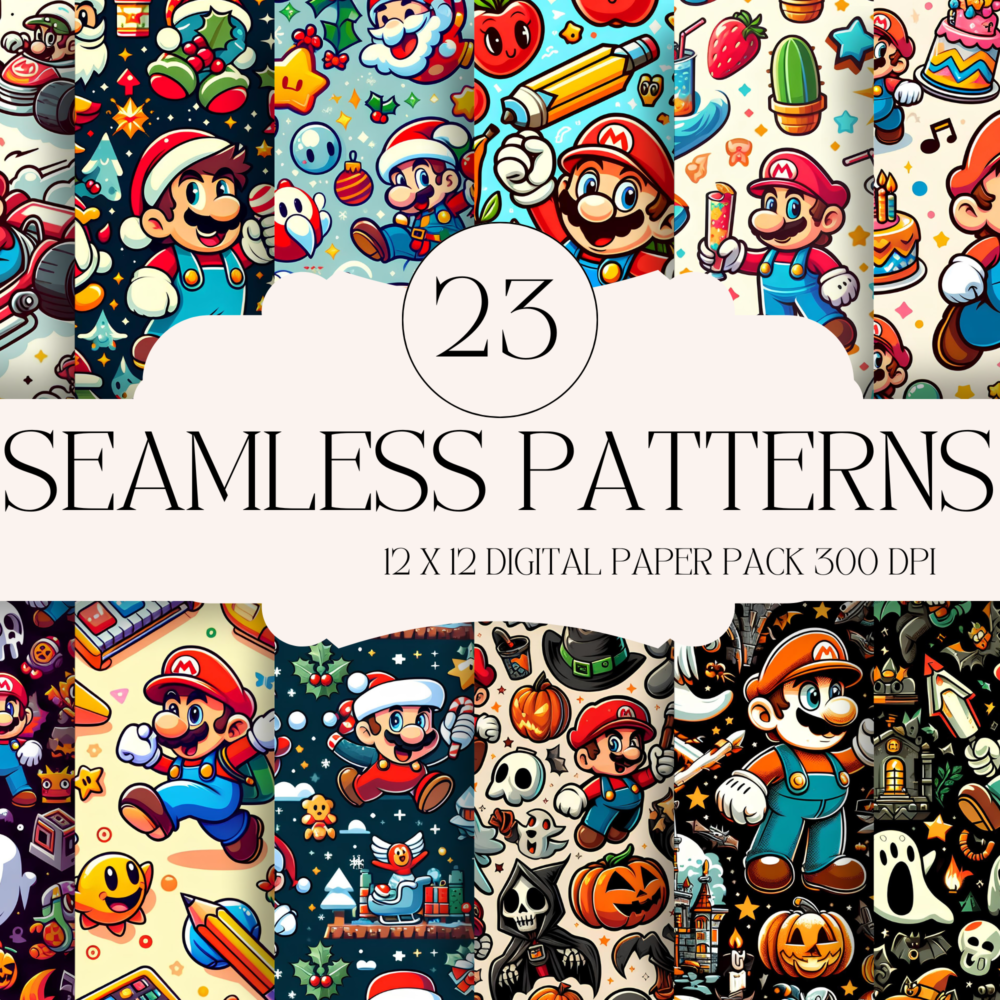 23 Mario Cartoon,Seamless Pattern Digital Files, Digital Download