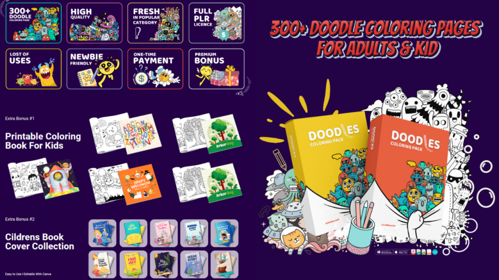 300 Doodle Coloring Pages for Adults & Kids with Bonus Canva Children’s Book Design Covers and Printable Coloring Book for Kids